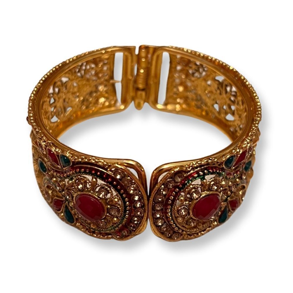 Indian Style Red Green Stone Gold Clamper Bracelet